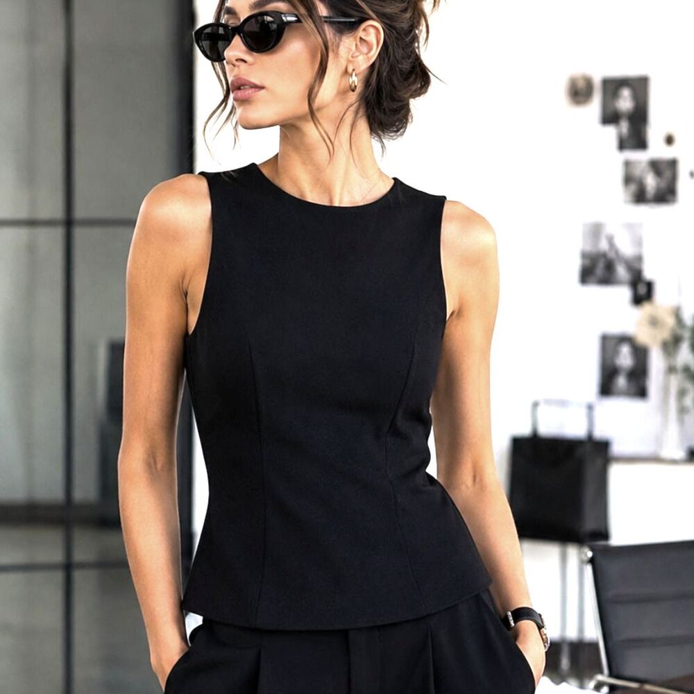 H&M Black Sleeveless Structured Zipper Peplum Blouse Top NWT M